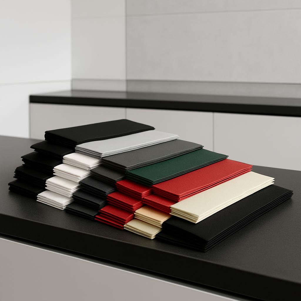 ####The image presents a meticulously organized stack of colored leather in a front-facing studio setting. * The color pal...